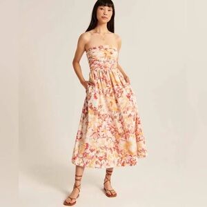 Abercrombie & Fitch Strapless Floral Midi Dress in Cream, Pink and Yellow